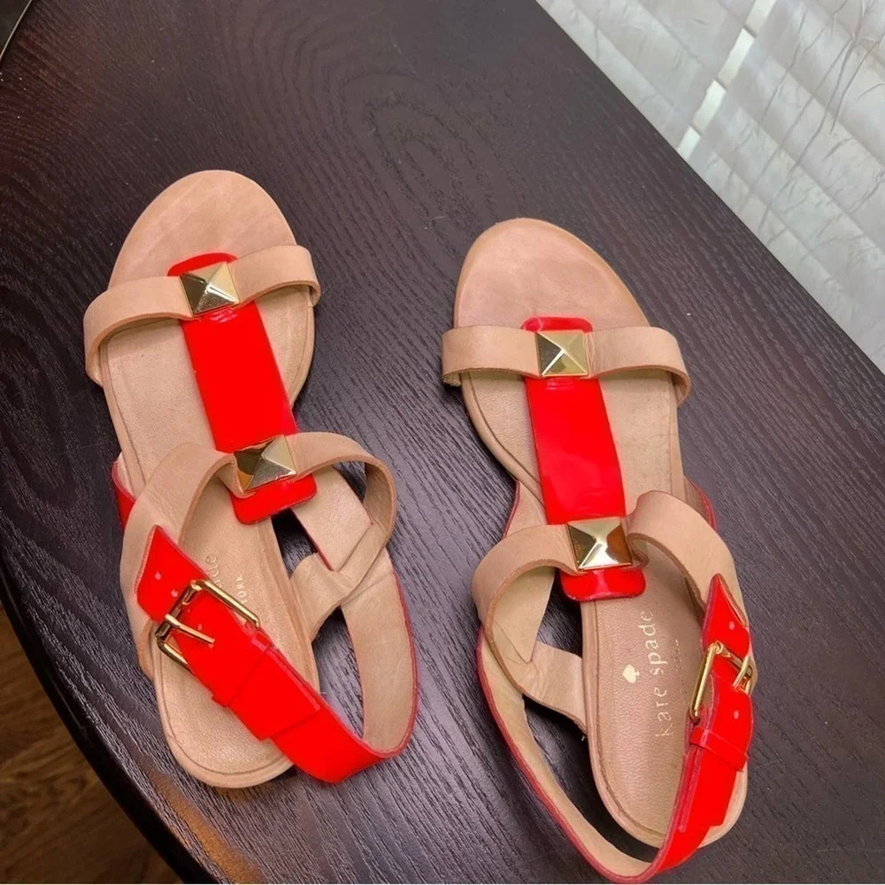 KATE Spade New York Sandals Neon Orange Patent Leather Gold Studs Size 8